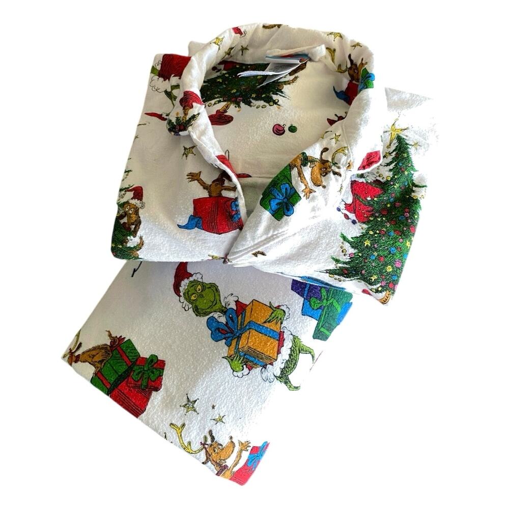 Pottery Barn Teen Dr S Ginch Flannel Pajama Set Sz L White Multi Holiday - Picture 10 of 11